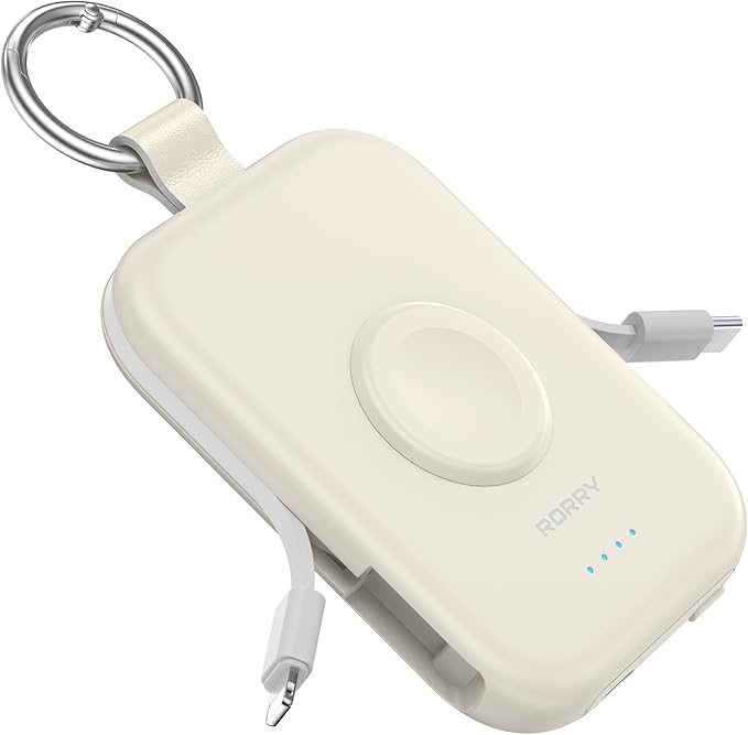 RORRY Portable Charger, 5000mAh Portable Charger Power Bank with Built-in Cables, Travel Keychain Battery Pack for Apple Watch Ultra/11/10/9/8/7/6/SE, iPhone Air/17/16/15/14/13/12, Starlight