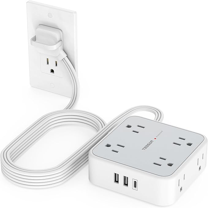TESSAN Surge Protector Power Strip, 10 Ft Flat Plug Extension Cord with 3 USB (1 USB C) 8 Outlets, 1250W, 900J Protection, 3 Sided Outlet Extender with Ring Plug for Office, Dorm Room, Grey