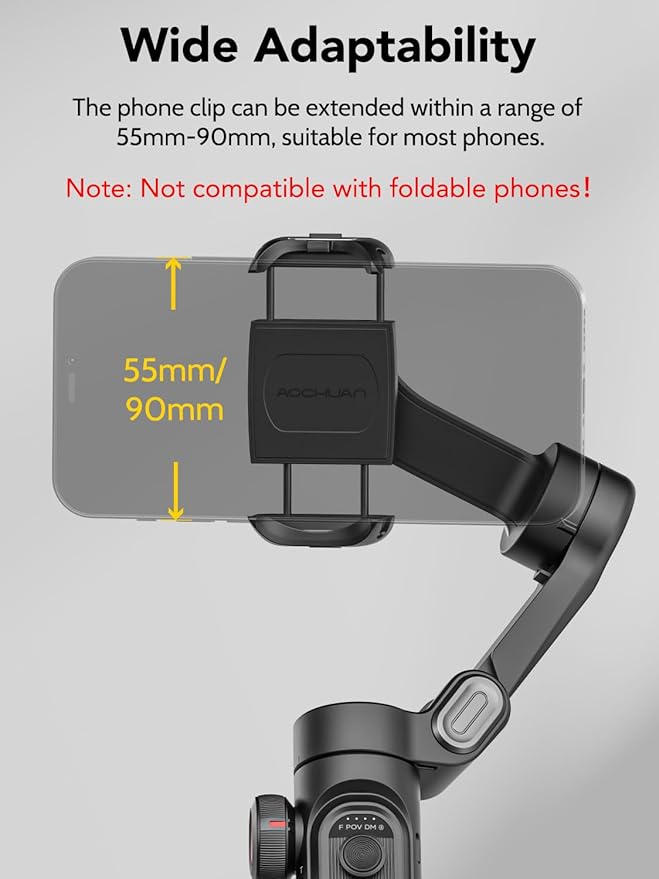 AOCHUAN Phone Gimbal Stabilizer, 3-Axis Smartphone Foldable Handheld Gimbal for iPhone with Focus Wheel, TikTok/YouTube Vlog Stabilizer for iPhone 17/16/15/14/13 Pro Max & Android – Smart XE