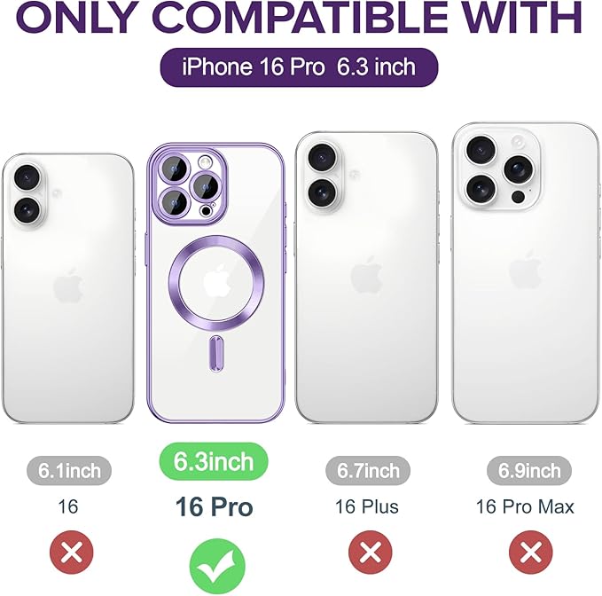 Hython Magnetic Clear for iPhone 16 Pro Case with Camera Lens Protector [Compatible with MagSafe] Luxury Plating Edge Slim Soft TPU Cover Protective Phone Case for iPhone 16 Pro 6.3", Light Purple
