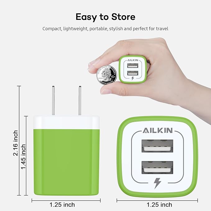 USB Wall Charger, [2-Pack] 2.1A AILKIN 2-Port USB Phone Charger Block Plug Power Adapter Charging Base for iPhone 17 Air 16 15 14 Plus/Mini/Pro 13 12 Max SE 11 Plus Google Pixel 7 7a 6 pro 6a 5 Box