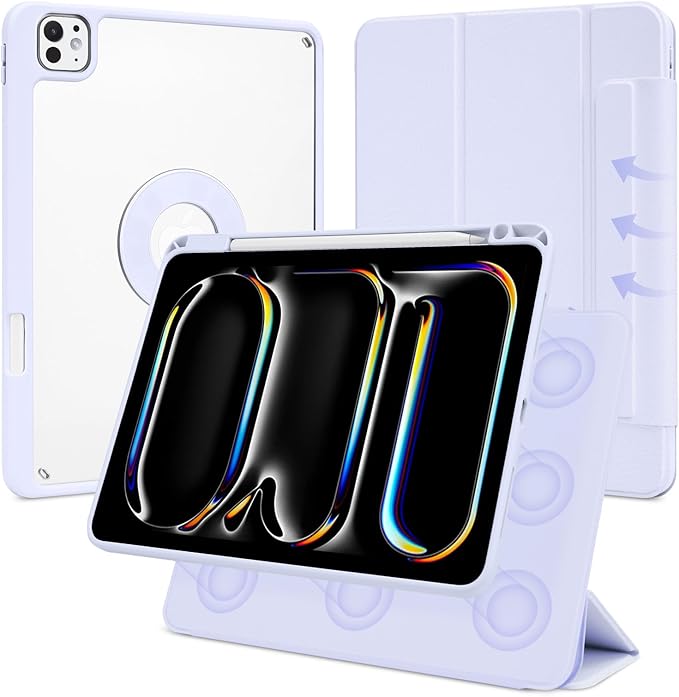 Case for iPad Pro 11 inch M5/M4 (2025/2024, 6th/5th Generation), Removable and Detachable Magnetic Cover with Pencil Holder, Vertical Adjustable Stand, Tri-Fold Multi-Angle, Light Purple