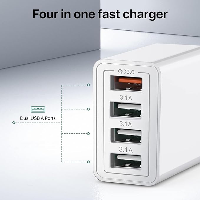 [2 Pack] USB Charger, 4 Port USBA Wall Charging Block, Fast Charge QC 3.0 Plug Adapter Compatible with iPhone 12/13/14/15/XS/XS Max/XR/X, LG, Google Pixel and More