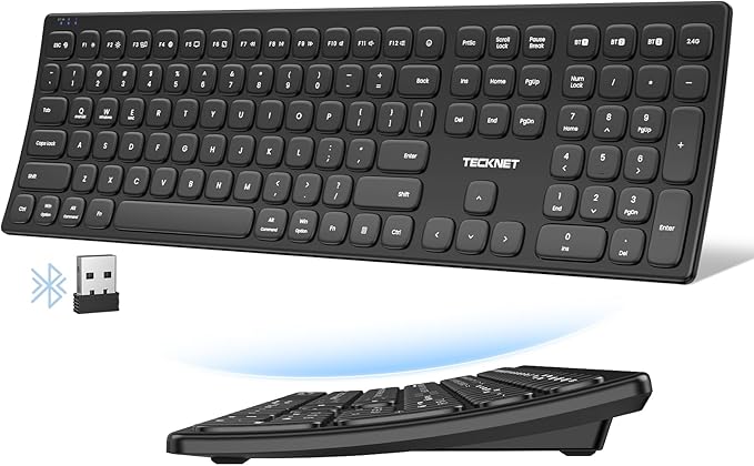 TECKNET Bluetooth Wireless Rechargeable Keyboard, Multi Device Free Switching (BT5.0+2.4G+Wired), Quiet Typing, Ultra-Slim Full Size with Numpad for Mac/Windows/Android/Desktop/PC, Stable Connection