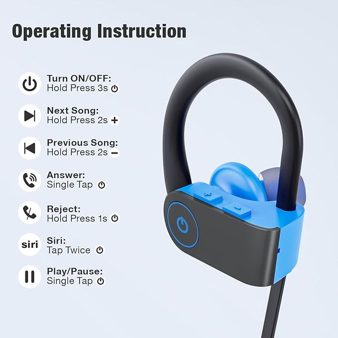 JOYWISE Bluetooth Headphones, Wireless Headphones 16H Playtime Wireless Earbuds with Mic Stereo in-Ear Earphones, IPX7 Waterproof Sports Headphone Sound Isolation Headsets for Running, Workout Blue