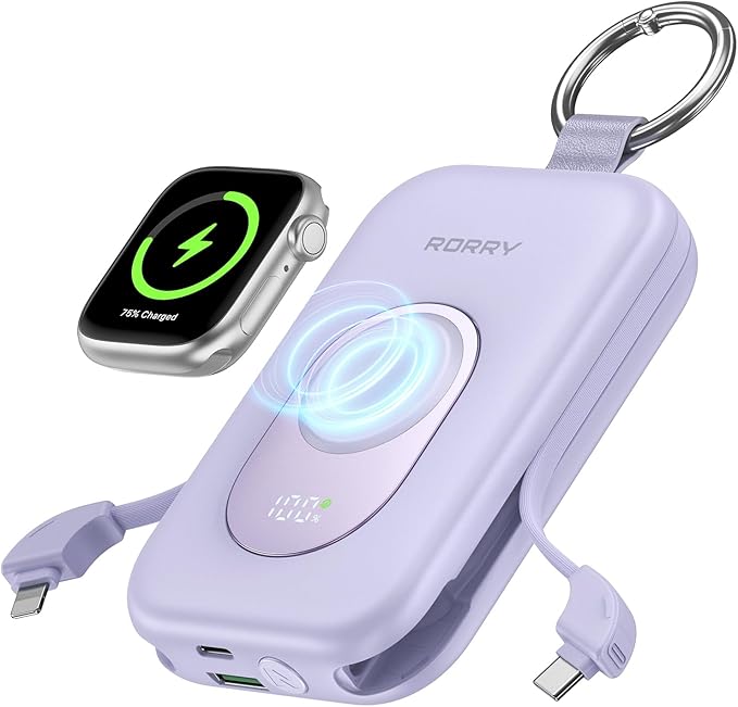 RORRY CharmGo Portable Charger, 20000mAh PD 30W Portable Charger Power Bank with 2 Built-in Cables, Fast Charging Battery Pack with Keychain, Travel Essentials for iPhone, Apple Watch, iPad, Mulberry