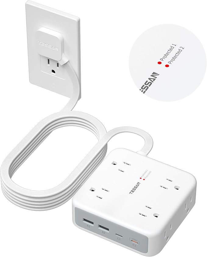 TESSAN Dual Surge Protector Power Strip, 15 Ft Extension Cord Flat Wall Plug with 4 USB (2 USB C) 8 Outlets, 2100J Surge Protection, 20W Multiple Charging Station for Home, Office, Dorm Room, Grey