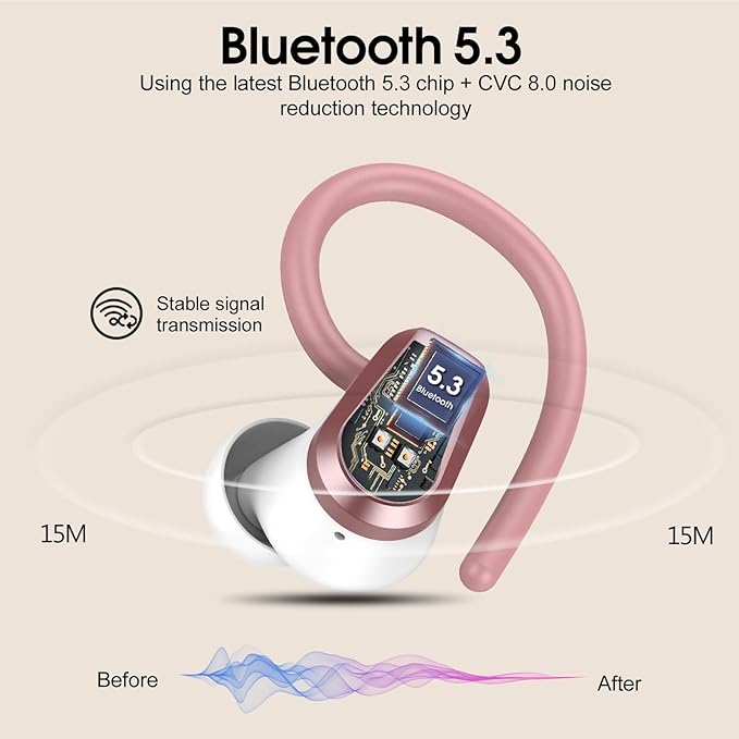 Wireless Earbuds, 2023 Bluetooth Headphones 5.3 Sport, 50H Ear buds with Earhooks, Dual LED DisplayBluetooth Earbuds, Stereo Noise Cancelling Headphones, IP7 Waterproof Running Earphones, Rose Gold