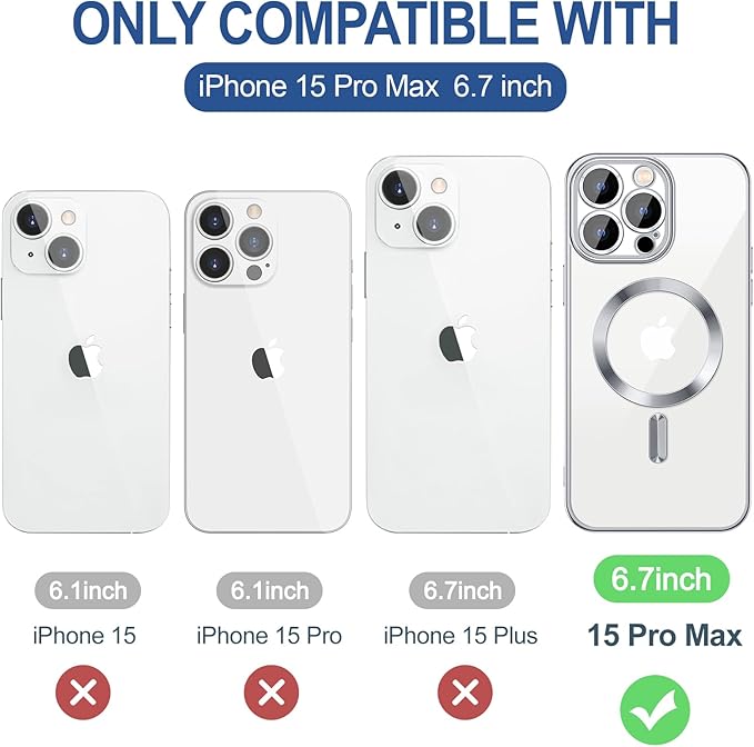 Hython Magnetic Clear for iPhone 15 Pro Max Case with Camera Lens Protector [Compatible with MagSafe] Plating Edge Slim Soft TPU Cover Protective Phone Case for iPhone 15 Pro Max 6.7", Silver