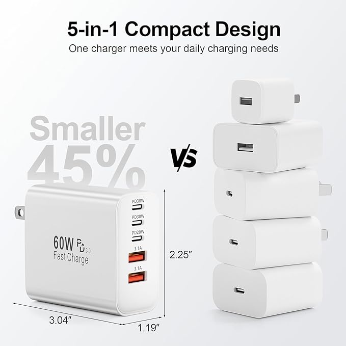 USB C Charger Block, 60W 5-Port Type C Charger Fast Charging Block, USBC USB Multiple Port Wall Charger Plug Adapter for iPhone 17/Air/16/15/14/13/12/11 Pro Max, Samsung Galaxy, iPad, Tablet (White)