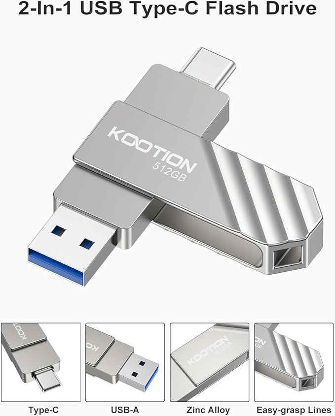 KOOTION USB 3.2 Flash Drive 512GB, Up to 450 MB/S Read Speed USB C Memory Stick, Dual USB C Thumb Drive with USB Type-C and USB A, Swivel Metal Pen Drive for Smartphones/Tablet/Laptop/Mac/Car/TV