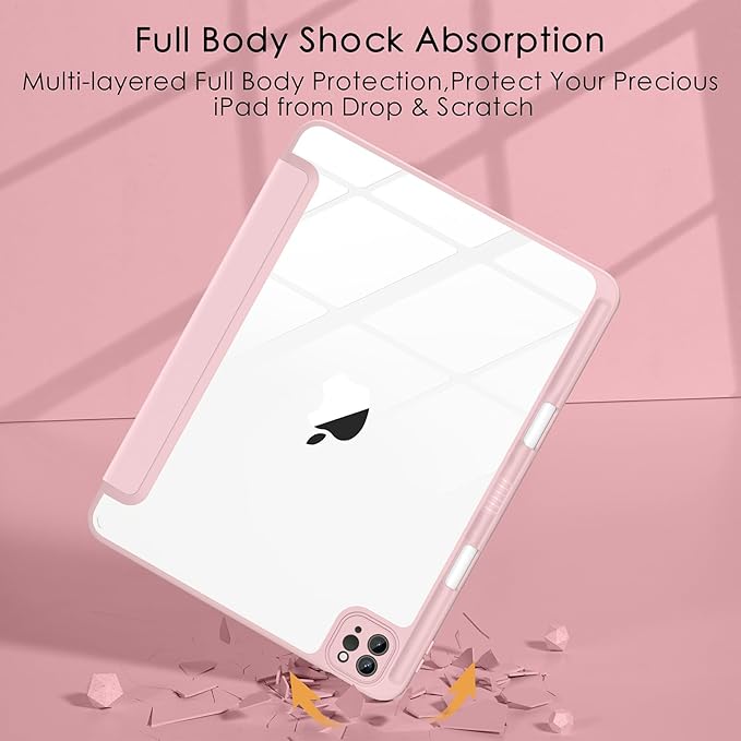 Soke Case for iPad Pro 12.9 Inch (6th/5th/4th/3rd Generation, 2022/2021/2020/2018) - Pencil Holder + Auto Sleep/Wake + Camera Protection, Transparent Shockproof Back Cover, Book Pink