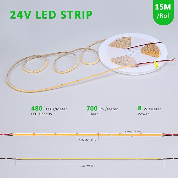 JOYLIT 49.2FT/15M COB LED Strip Lights 24V 6000K Cool White Indoor, 480LEDs/M High Density Spotless CRI 90+ Dimmable Flexible Tape Light for Bedroom, Cabinets, Retail (Power Supply Not Included)