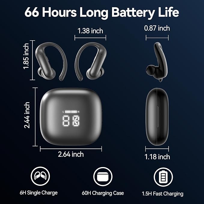 Sport Earbuds with Ear Hook 66hrs Playtime with LED Display Case, Wireless Bluetooth 6.0, Sports Over The Ear Earbuds, IPX4 Gym Workout Running Headphones, Deep Bass & Stereo Sound.