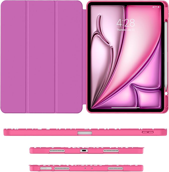 Soke Case for iPad Air 13 Inch (M4/M3/M2,2026-2024), iPad Pro 12.9" 6th/5th Generation with Pencil Holder(2021 2022 Release)-[Apple Pencil Charging + Auto Wake/Sleep] Soft Back Cover, Book Hot Pink