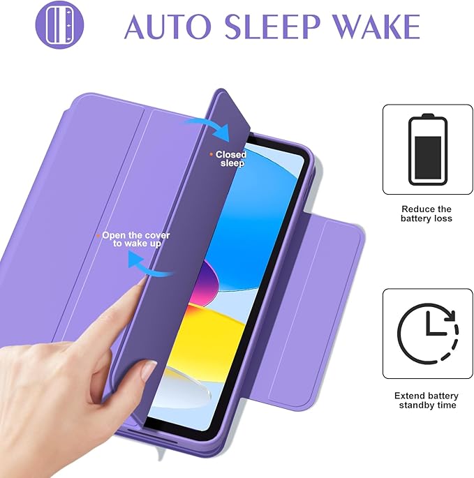 ZENLU iPad 10th 11th Generation Magnetic Case with Removable Folio Cover, Semi-Silicone Leather, Vertical Stand, Clear Back, Smart Sleep/Wake, Full Protective Case for iPad 10 & 11(A16) (Purple)