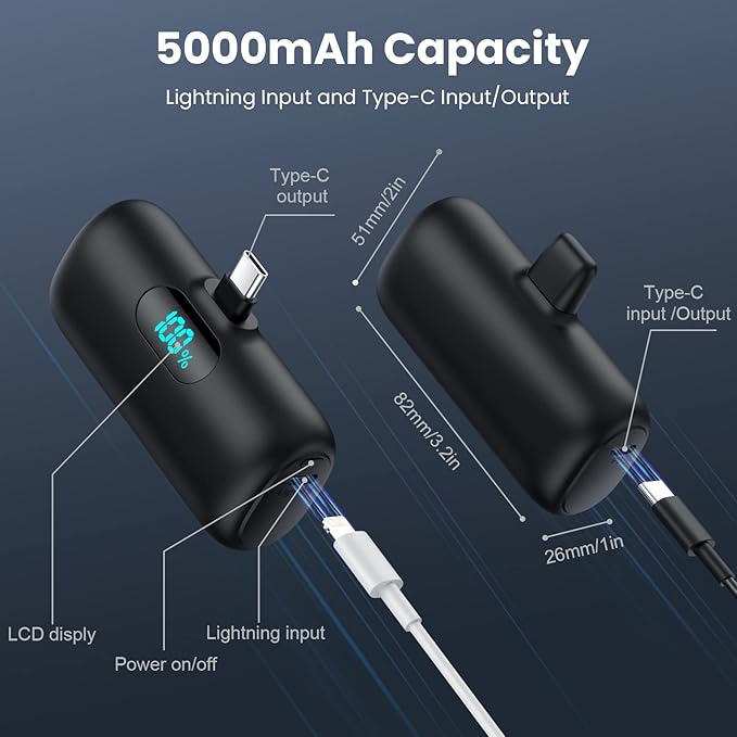 [2-Pack] Mini Portable Charger 5000mAh Power Bank,3A PD USB C Cell Phone Portable Power, LCD Display Battery Pack Compatible with iPhone 17/17 Air/16/16 pro/15/15 pro Max/Android/Samsung/Moto/LG etc