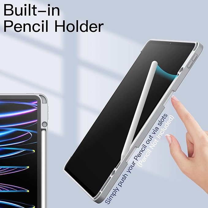 JETech Case for iPad Pro 12.9-Inch (2022/2021/2020/2018) with Pencil Holder, Clear Transparent Back Shell Slim Stand Shockproof Tablet Cover, Auto Wake/Sleep (Silver)