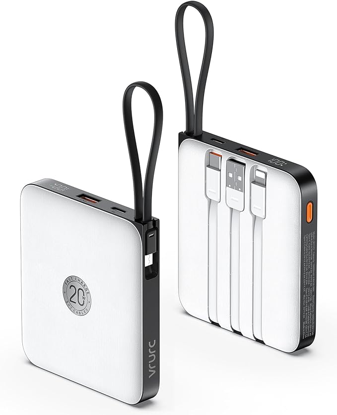 VRURC Battery Pack Charger Portable 10000mAh, 22.5W Power Bank Fast Charging with Built-in Cable, Cell Phone Power Bank for iPhone 17 16 15 & Early Series (White)