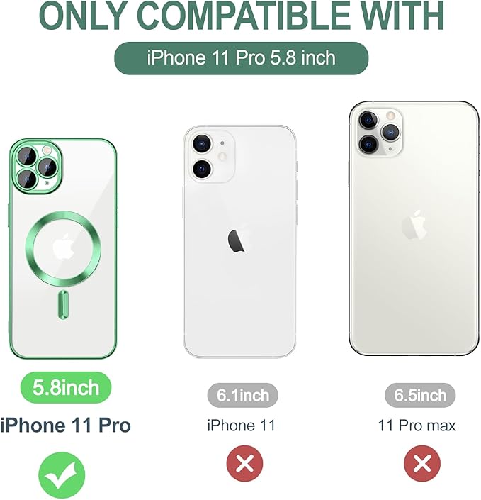Hython Magnetic Clear for iPhone 11 Pro Case with Camera Lens Protector [Compatible with MagSafe] Luxury Plating Edge Slim Soft TPU Cover Protective Phone Case for iPhone 11 Pro 5.8", Light Green