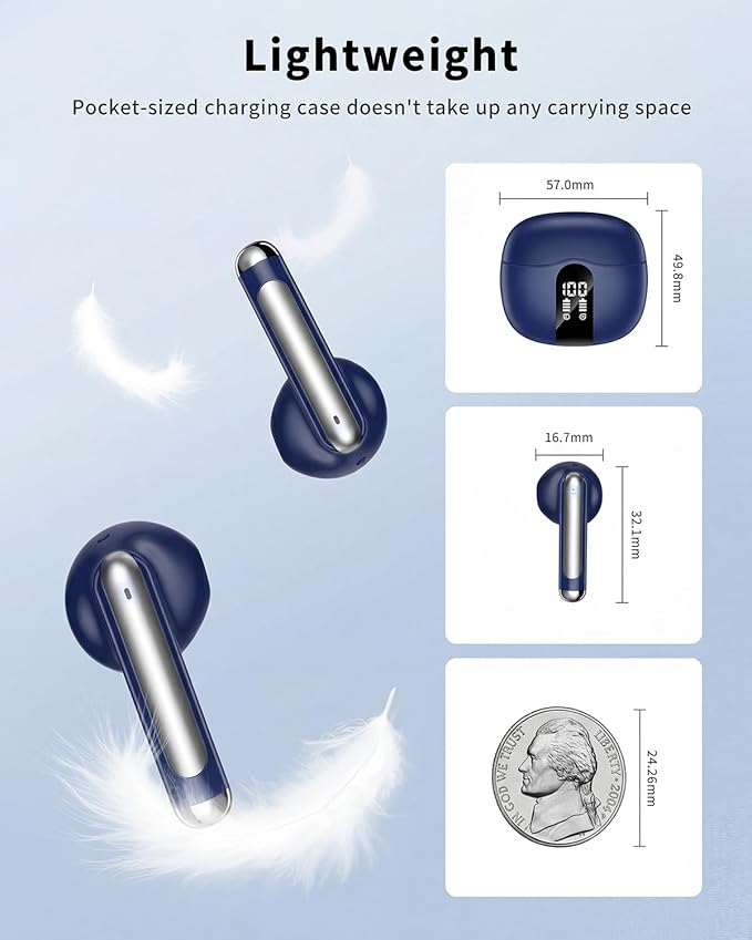 Wireless Earbuds, 2026 Bluetooth 5.4 Headphones Bass Stereo Ear Buds with Noise Cancelling Mic, LED Display in Ear Earphones 50H Playtime Ear Buds, IP7 Waterproof for Laptop Pad Phones Deep Blue