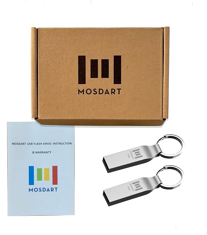 MOSDART Waterproof 32GB USB2.0 Flash Drive, FAT32 Metal Memory Stick with Keychain, for System Back, Data Storage, Silver(Pack of 2)