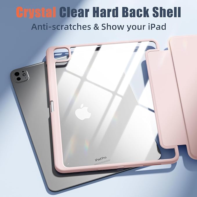 New Compatible with iPad Pro 13 inch Case M5 2025/M4 2024 with Built-in Pencil Holder, Kidopire for iPad Pro 13 Case with Hard Clear Back Shell, Support Pencil Pro & Pencil USB-C, Auto Wake/Sleep,Pink