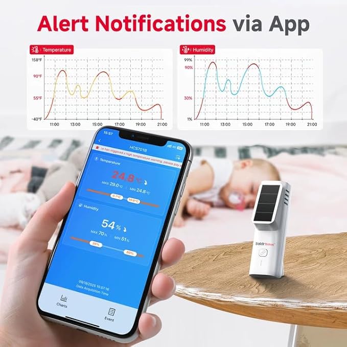 BaldrTherm Solar Bluetooth Temperature & Humidity Monitor, Wireless Thermometer with Date Storage, Real-Time Alerts, 262 Feet Connecting Range, Apply for Room Greenhouse, Pet Cages, 2pack