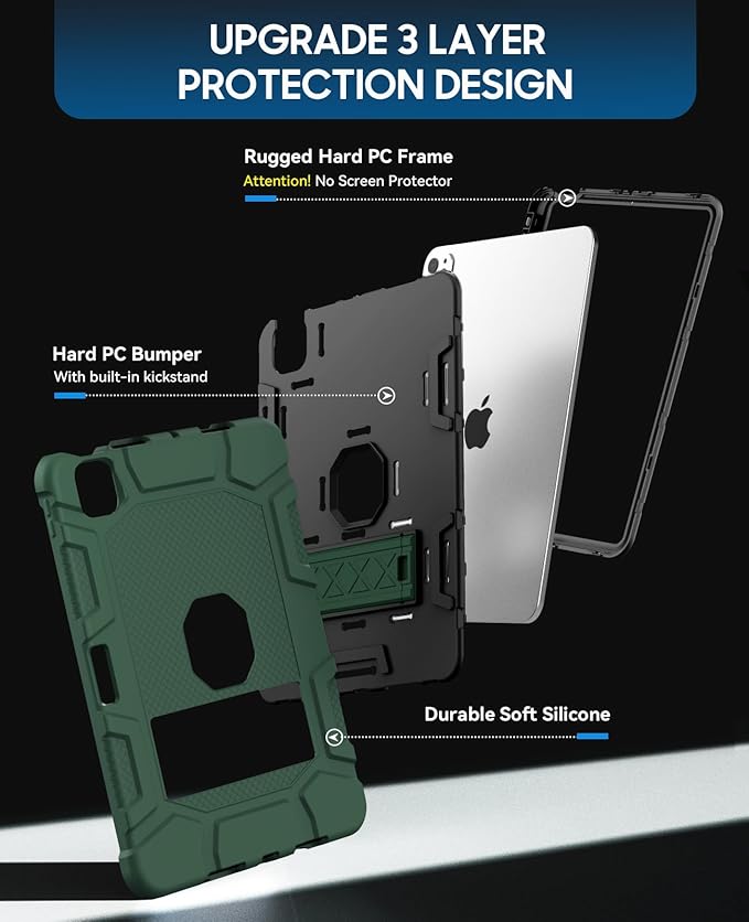 Case for iPad Pro 11 Inch Case (M5 2025/ M4 2024) with Pencil Holder, Built-in Stand, Military Grade Shockproof Protective Cover for iPad Pro 11" (Dark Green)