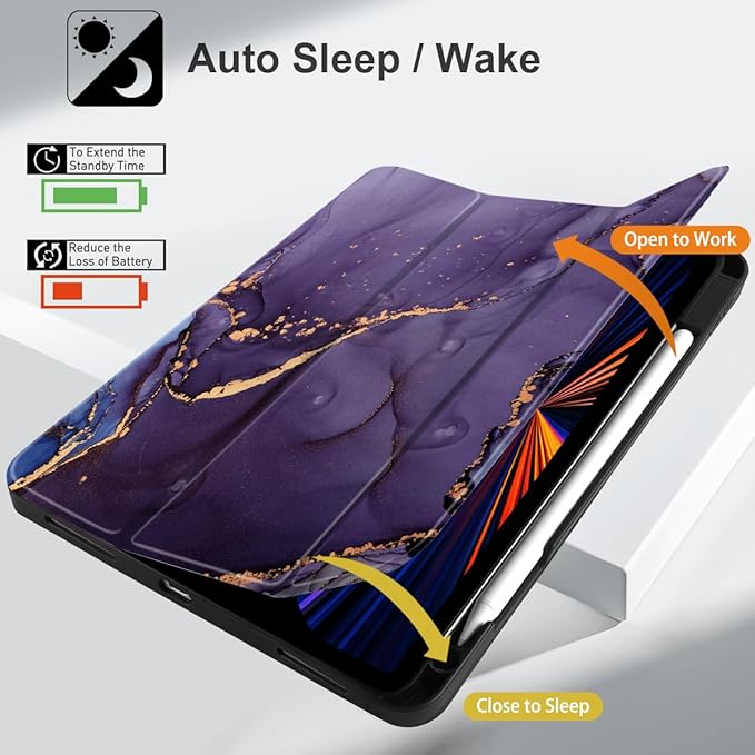 DONGKE Case for 2022/2021/2020/2018 iPad Pro 11 inch Gen 4/3/2/1 - Slim Protective Case - Built in Pencil Holder Support Charging - Trifold Stand & Sleep/Wake Cover - Abstract Marble