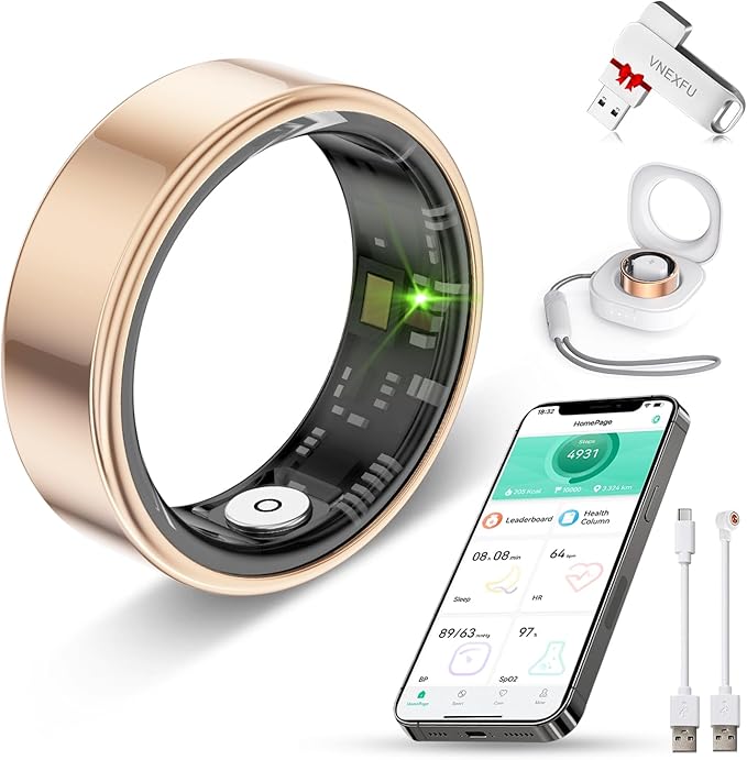 Smart Health Ring for Women Men Fitness Tracke IP68 Waterproof Fitness Ring with Heart Rate/Blood Pressure/Blood Oxygen/Sleep Tracker/Step/Calories for iOS and Android,No Subscription Fee,Gold 14