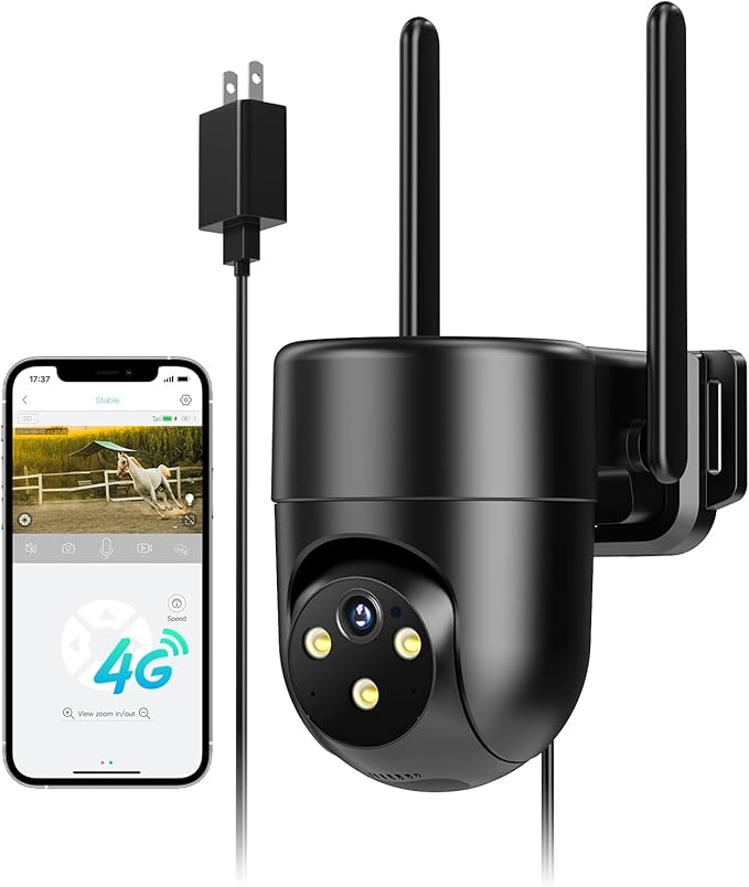 LIWAN 4G LTE Cellular Security Camera Wired, No WiFi Security Camera Outdoor, Plug-in for 24/7 Recording, 360° View, 2K Color Night Vision, 2-Way Talk, Built-in SIM Card, Black, 1 Pack