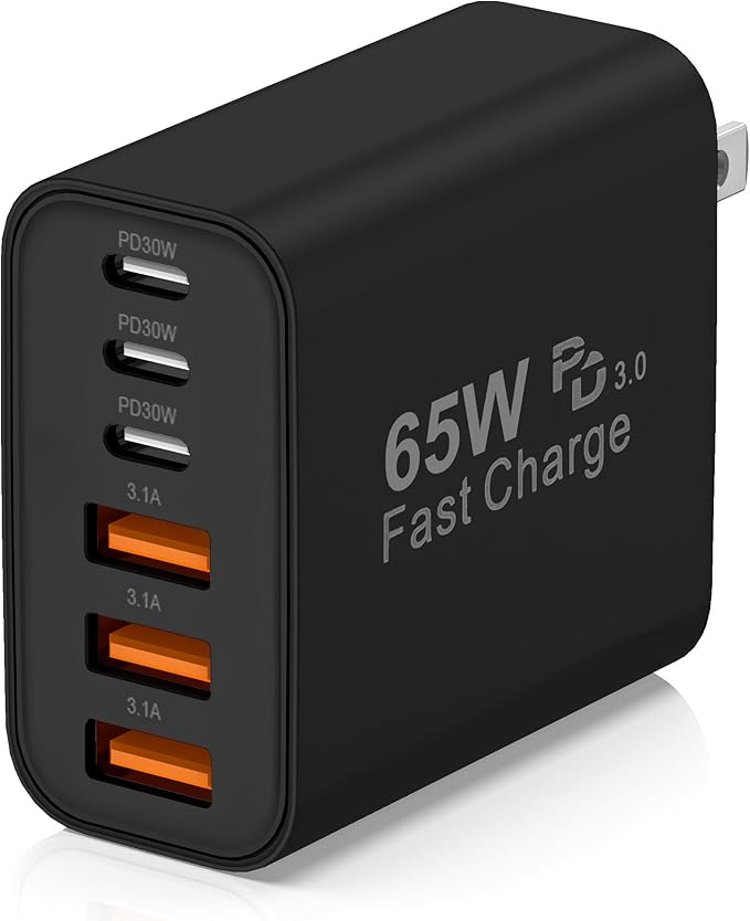 USB C Charger Block,65W 6-Port USBC Charging Block,Wall Charger iPhone Charger Fast Charging,Multiport Type C PD+QC Power Plug for All iPhone 17 16 15 iPad Samsung S23 S24 iWatch Pixel Series (Black)