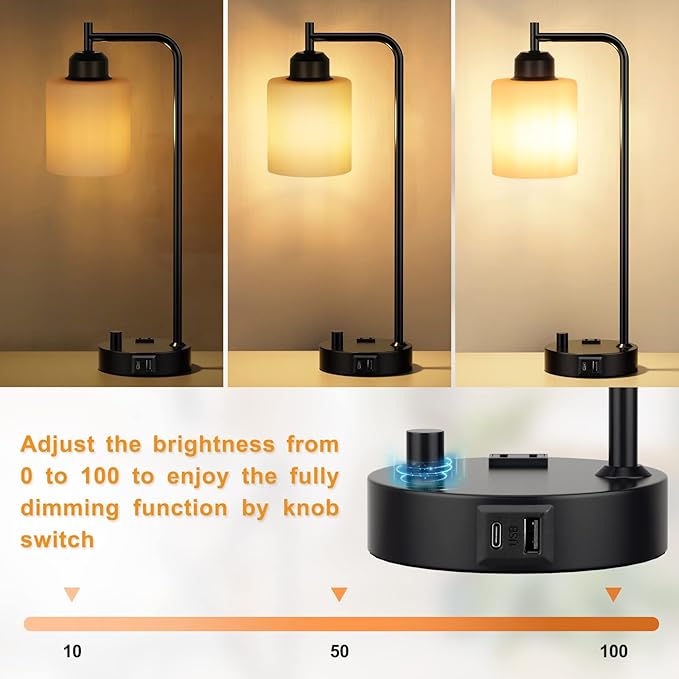 Industrial Bedroom Table Lamps for Bedside - White Opal Glass Shade Desk Lamps with USB C Port, Fully Dimmable Black Lamps with USB Port and Outlet, Reading Nightstand Lamp for Office Living Room