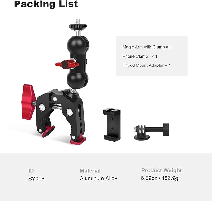 Super Clamp with Dual Ballhead Magic Arm, Aluminum Camera Clamp Mount Kit for DSLR Action Camera/Phone/Monitor/Video Light/Microphone, Camera Mount for Tripod/Desk/Tube (SY006)