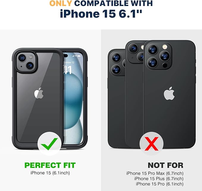Diaclara Designed for iPhone 15 Case 6.1 Inch,Upgraded Full Body Rugged Clear Bumper Case with Built-in Privacy Screen Protector for iPhone 15,Black