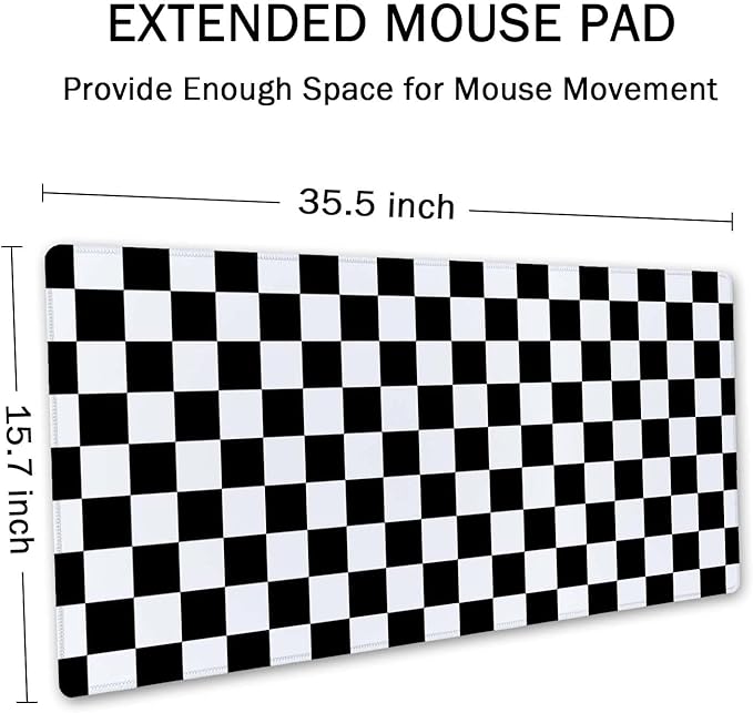 SSOIU Checkered Desk Mat Extended Gaming Mouse Pad (35.5x15.7 in), Large Stable Rubber Base Mousepad with Stitched Edges, Keyboard Mouse Mat Desk Pad for Work, Game, Office - Black White Checkerboard