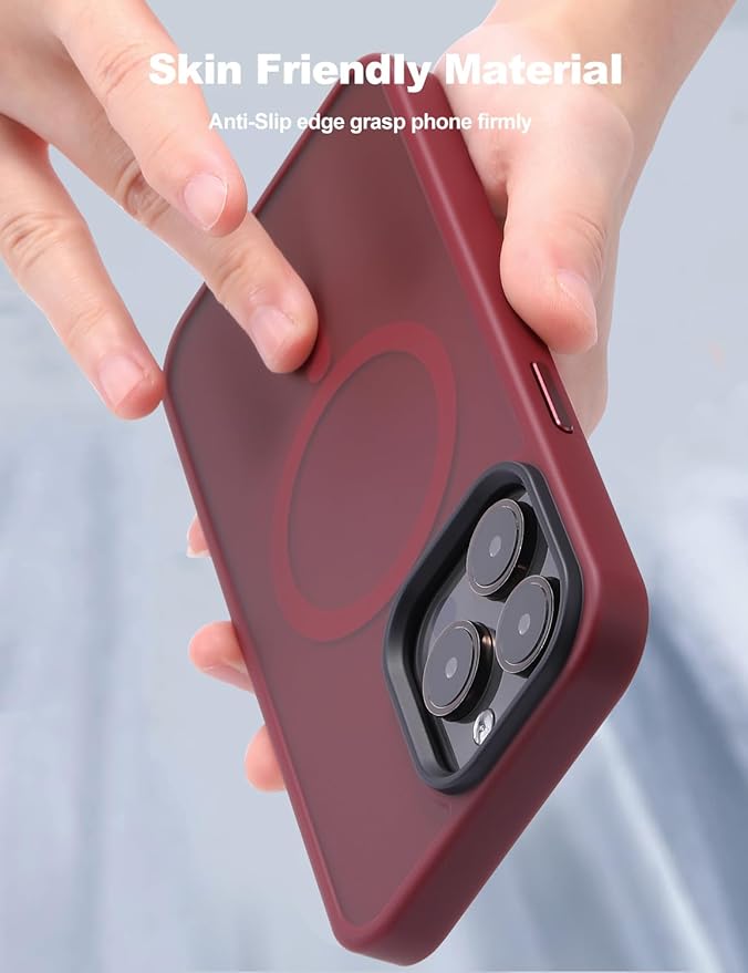 Tigowos Compatible with iPhone 15 Pro Case Fits MagSafe 10FT Drop Resistant Matte Skin Feeling Back Cover Aluminum Alloy Keys Fits iPhone 15 Pro Phone Cases，Red Wine
