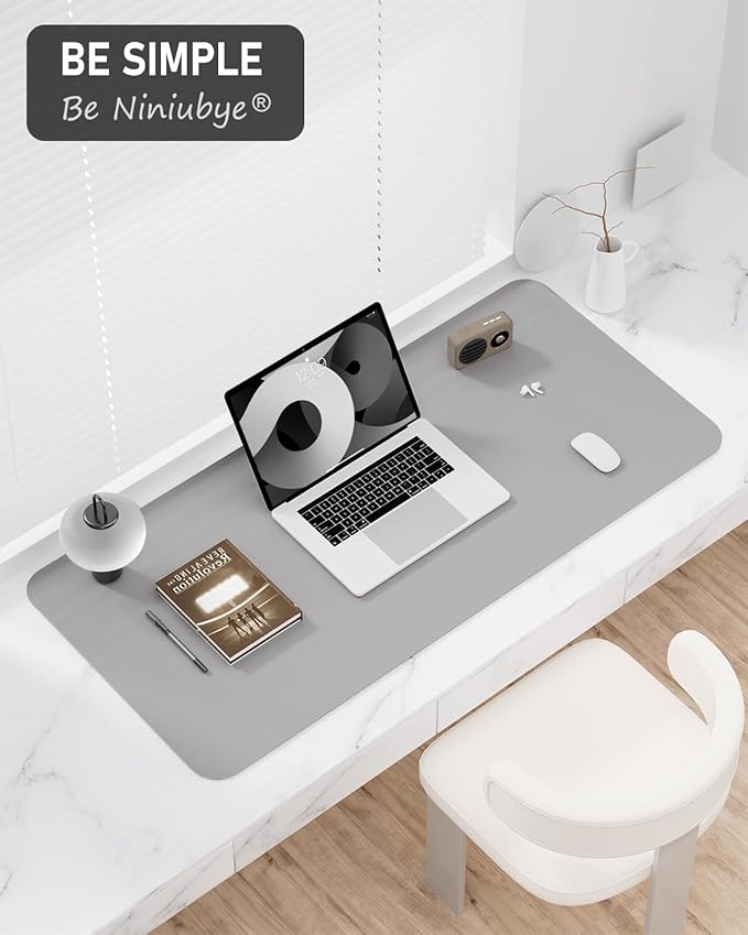 Desk Pad, 30" x 14" PU Leather Non-Slip Desk Mat Large Mouse Pad for Desktop, Waterproof Laptop Computer Writing Mat for Office, Home, Work, Gaming, Silver