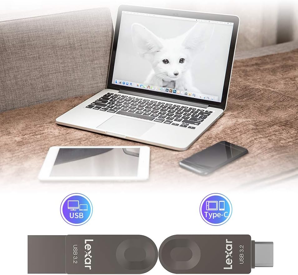 Lexar E32C 64GB Type-C USB Flash Drive, USB-A&USB-C 3.2 Gen 1 Dual Drive OTG 100MB/s Read, Thumb Drive Swivel Design Jump Drive for USB 3.0/2.0, Memory Stick for Android Smartphone, Laptop, PC