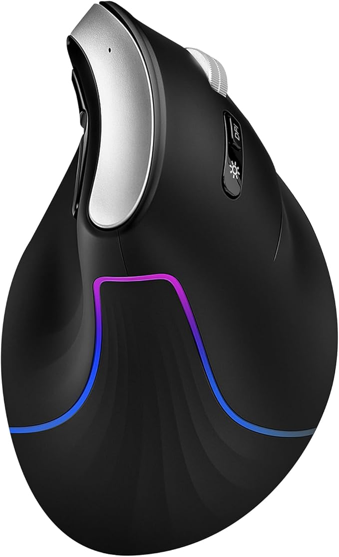 CITLLA Wireless Ergonomic Vertical Mouse, Rechargeable Tri-Mode (Dual Bluetooth + 2.4G USB) Optical Mouse with Adjustable RGB Lighting, Multi-Device Control for Laptop, PC, Mac, iPad, Desktop (Black)