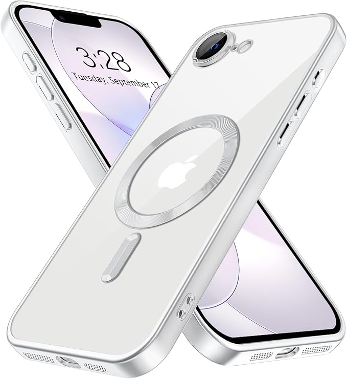 Hython Magnetic Clear for iPhone 17e Case with Camera Lens Protector [Compatible with MagSafe] Luxury Plating Edge Slim Soft TPU Cover Protective Phone Case for iPhone 17e 6.1", Matte Silver