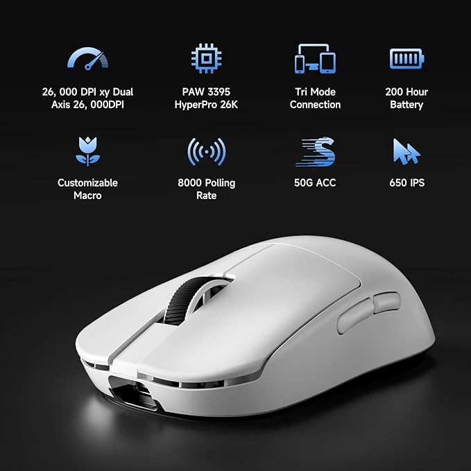 MCHOSE L7 Pro Wireless Gaming Mouse Super Light 39g, Gaming Mouse Esport with 26K DPI, Optical Switch, Programmable Buttons, Dual 8K Polling and PAW3395 Sensor, Tri-Mode Connection, PC/Mac - White