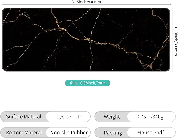 Thin Extended Gaming Mouse Pad （31.5 * 11.8 * 0.08 inch） with Stitched Edges Large Mousepad Long XXL Keyboard and Mouse pad Desk Mat for Gaming Office & Home - Black Gold Marble