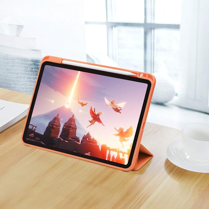 Case for iPad Pro 11 Inch 4th/3rd/2nd Generation 2022/2021/2020 with Pencil Holder [Support iPad 2nd Pencil Charging] Slim Trifold Stand Smart Protective Cover, Auto Wake/Sleep(Orange)