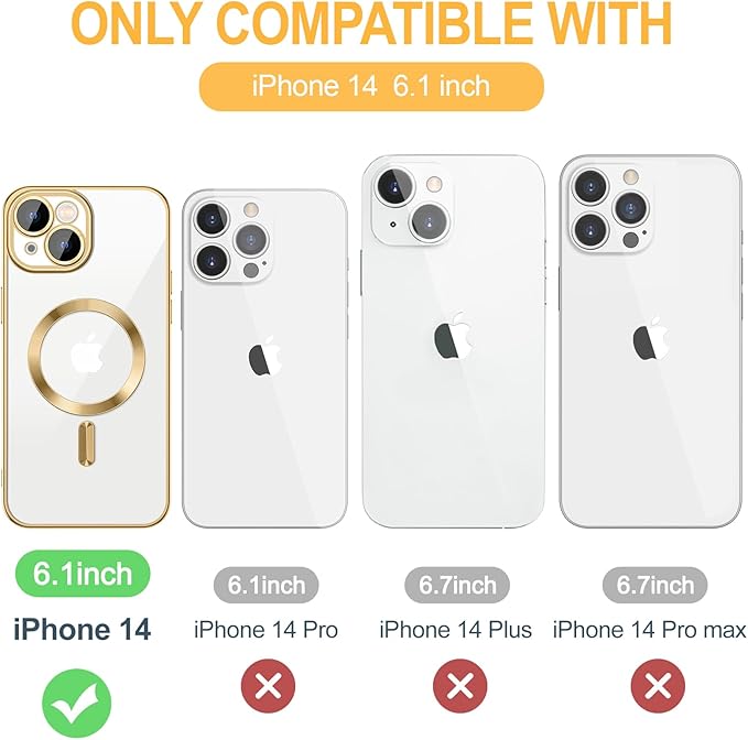 Hython Magnetic Clear for iPhone 14 Case with Camera Lens Protector [Compatible with MagSafe] Luxury Plating Edge Slim Soft TPU Cover Protective Phone Case for iPhone 14 6.1", Gold
