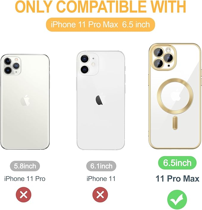 Hython Magnetic Clear for iPhone 11 Pro Max Case with Camera Lens Protector [Compatible with MagSafe] Plating Edge Slim Soft TPU Cover Protective Phone Case for iPhone 11 Pro Max 6.5", Matte Gold