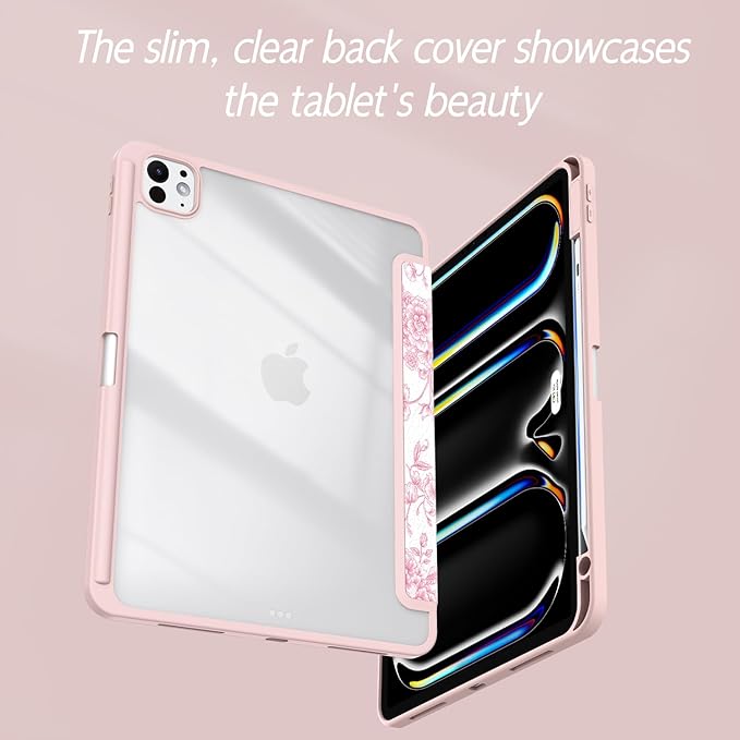 Case for iPad Pro 11-Inch M5/M4 2025/2024 (6th/5th Generation), Case with Pencil Holder, Clear Back Cover Cute Cool Design for Women Girls, Auto Sleep/Wake, Artistic Flower