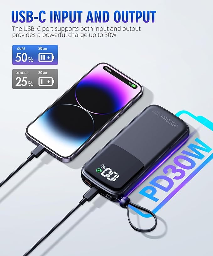 LOVELEDI Portable-Charger-Power-Bank - 15000mAh Power Bank Supports PD 30W Fast Charging Built-in AC Wall Plug and 2 Output Cables with LED Display for iPhone iPad and Most Electronic Devices(Black)