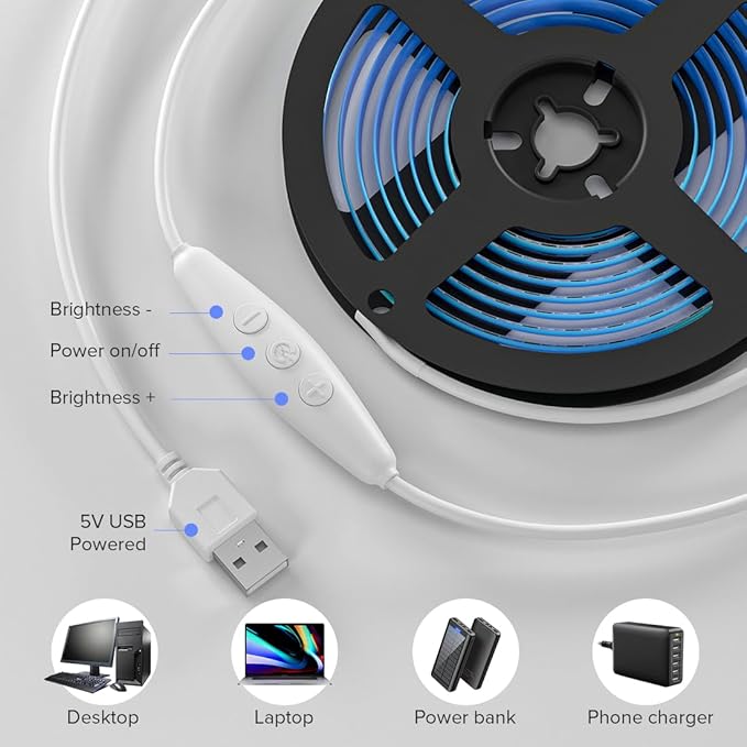 BTF-LIGHTING FCOB COB FOB LED Strip Lights 5V USB Powered 6.56FT 640LEDs Ice Blue 8mm Width Dimmable CRI 90+ with 3M Tape Flexible High Density for 3D Printer TV Backlight PC DIY Decor